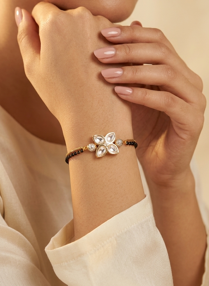 American Diamond Flower Shape Gold Fancy Hand Mangalsutra