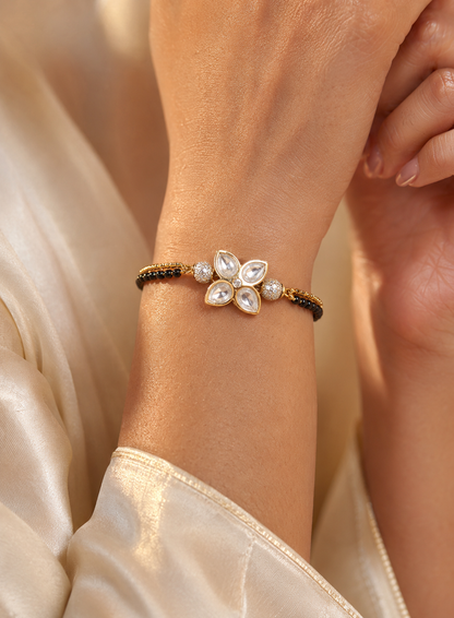 American Diamond Flower Shape Gold Fancy Hand Mangalsutra