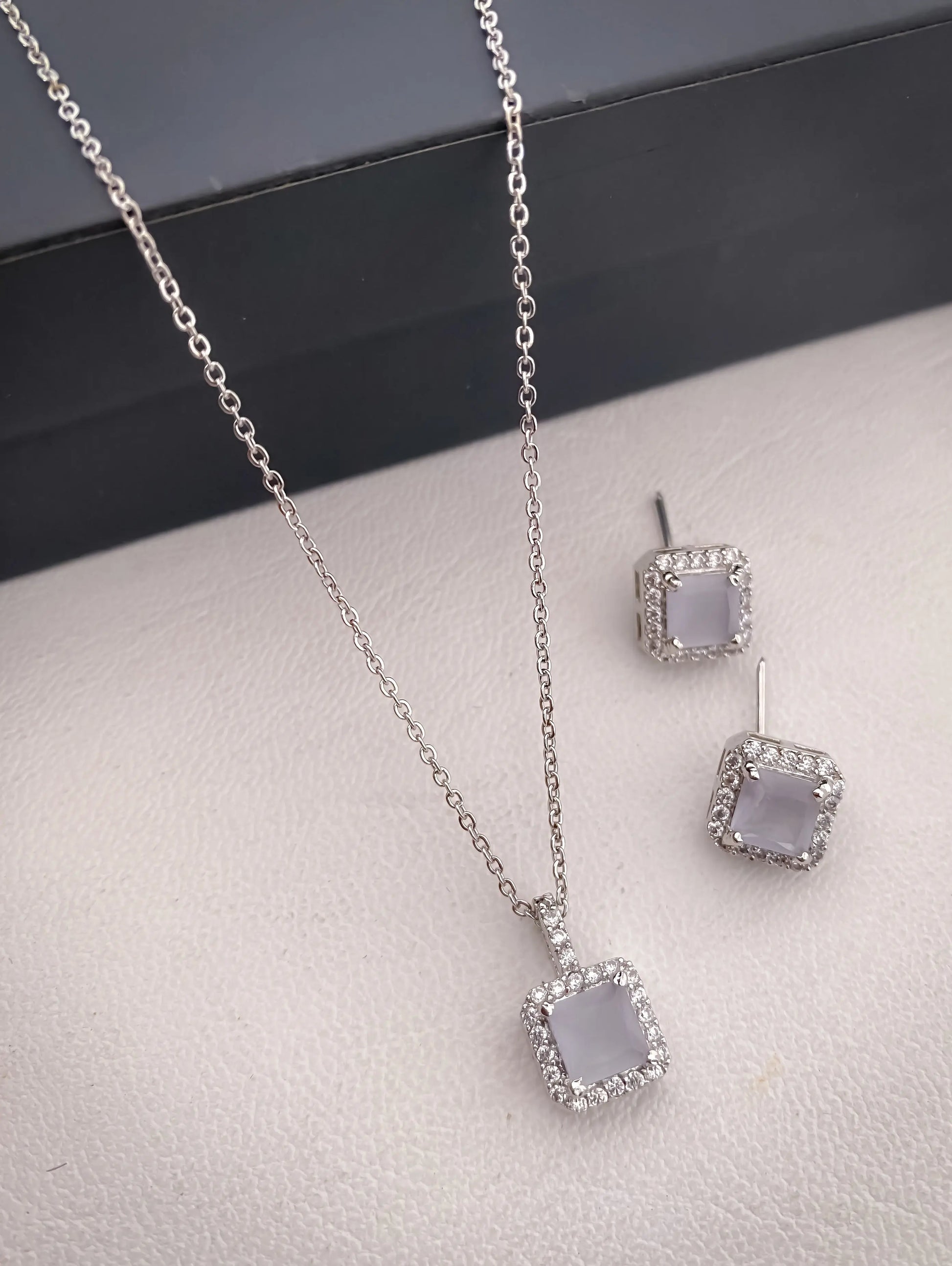 American Diamond Square All Colour Silver Plated Delicate Pendant Set - Pendant Set - Belleza Jewels
