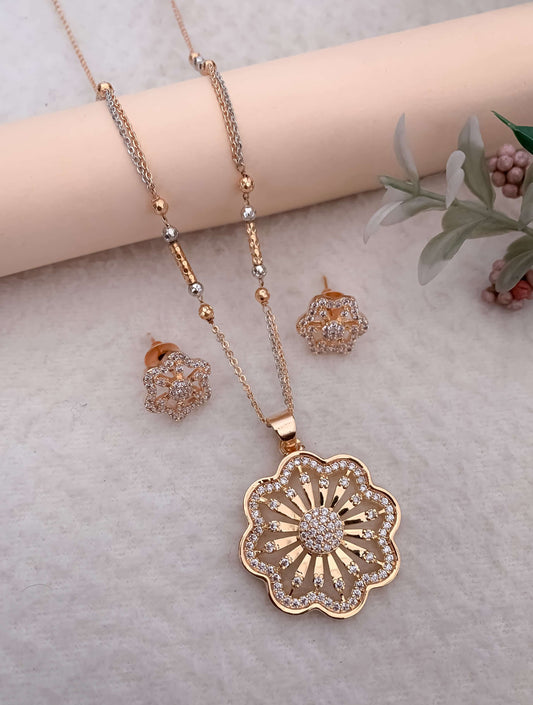 Flower shape Rose gold American diamond pendant set with Earrings