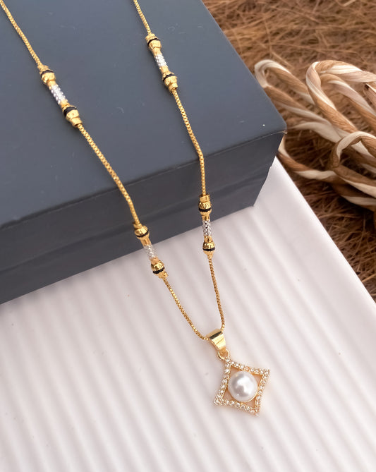 American Diamond With Pearl High Gold Plated Delicate Chain Pendant - Belleza Jewels