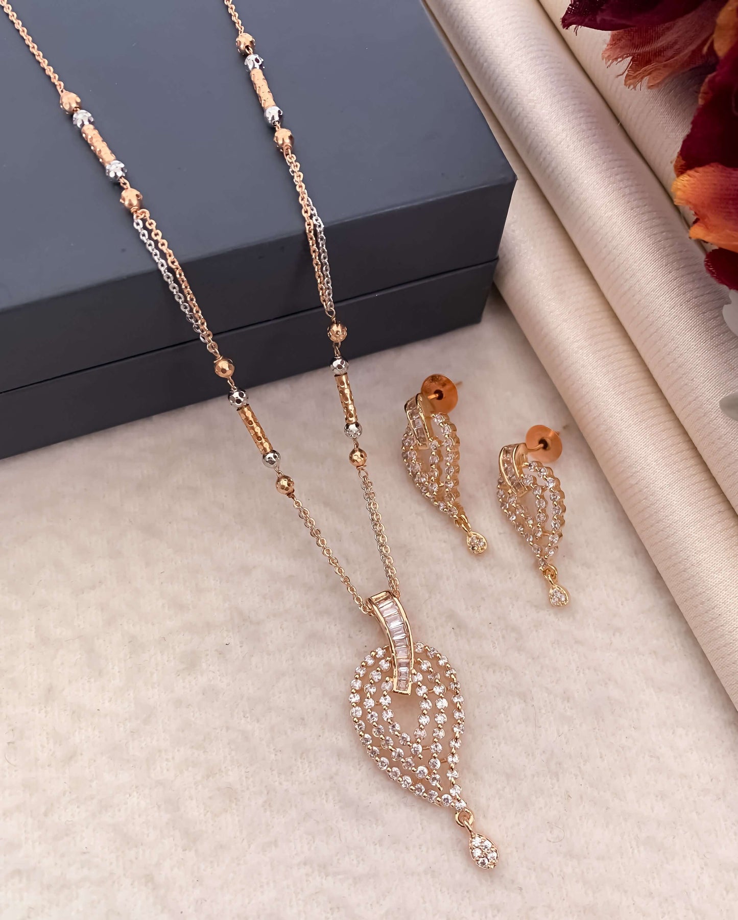 Rose gold Keri design three layer American diamond Pendant set with Earrings