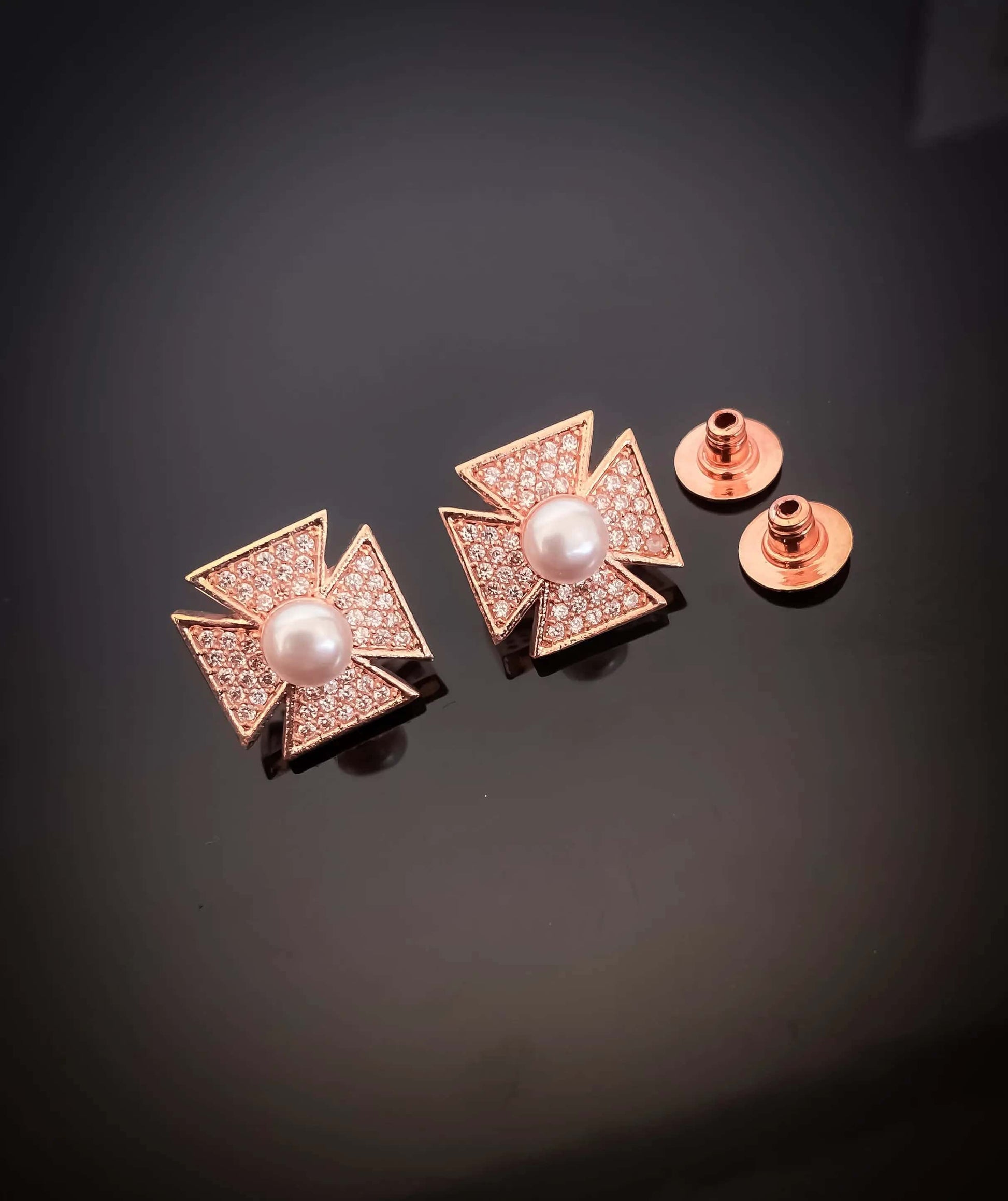 BUY 1 GET 1 FREE -American Diamond Rose Gold And Silver Plated Delicate Design Earrings Tops - Tops - Belleza Jewels