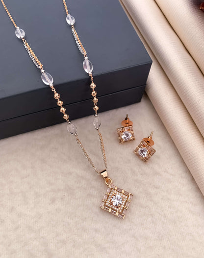 Square American diamond Rose gold White stone Pendant set