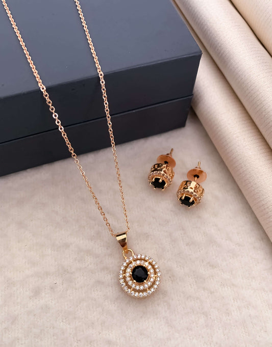 Three circle layer American diamond pendant set With Black stone Rose gold