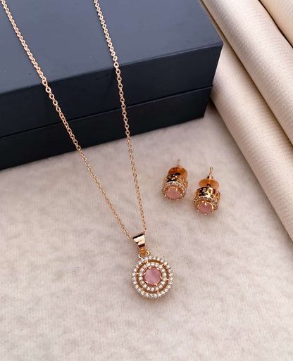 Three circle layer American diamond pendant set With Pink stone Rose gold