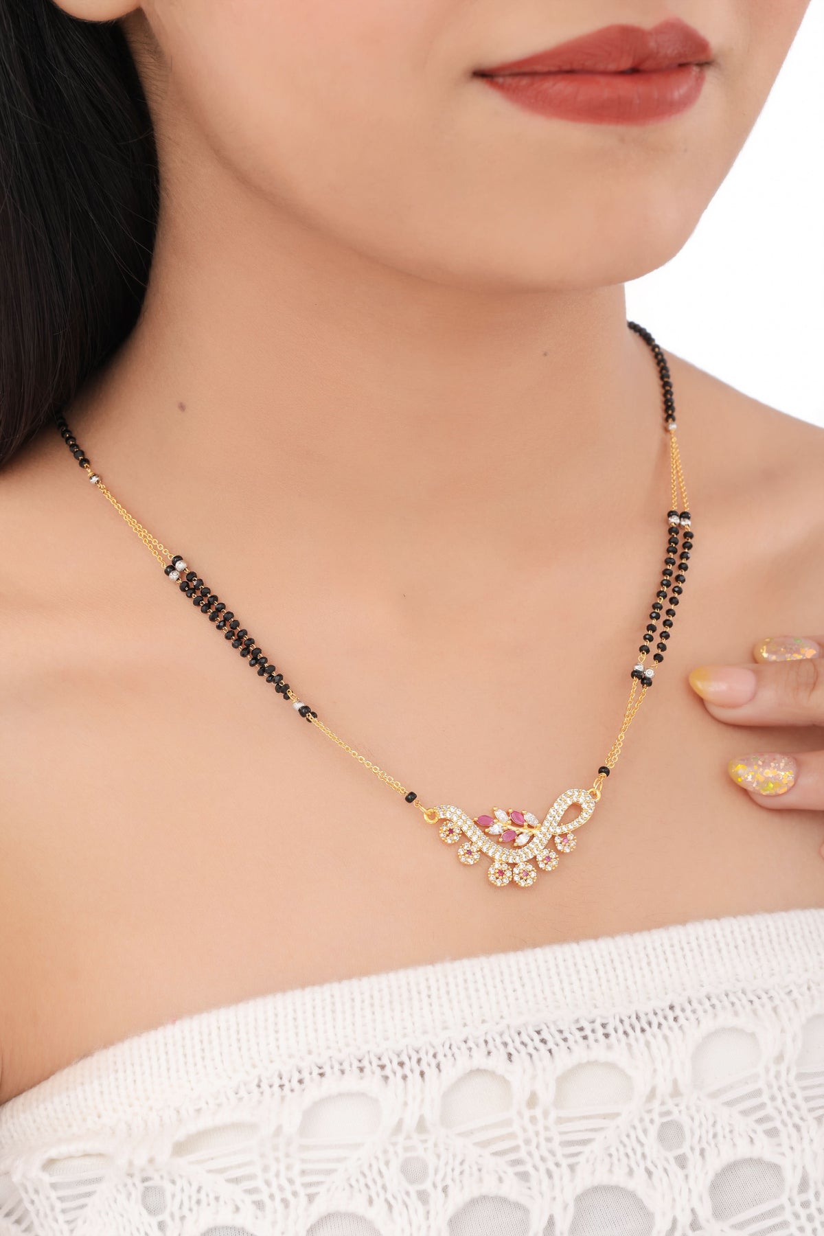 Buy 1 Get 1 Free -  Elegant CZ Leaf Curve Mangalsutra with Black Beads - Mangalsutra - Belleza Jewels