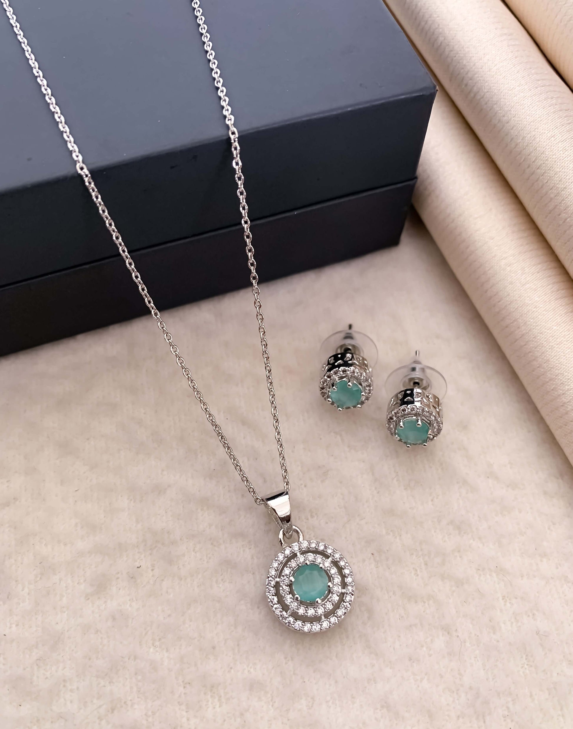 Three circle layer American diamond pendant set With Mint stone