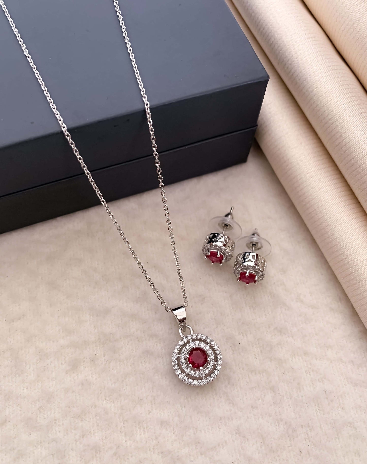 Three circle layer American diamond pendant set With Ruby ston