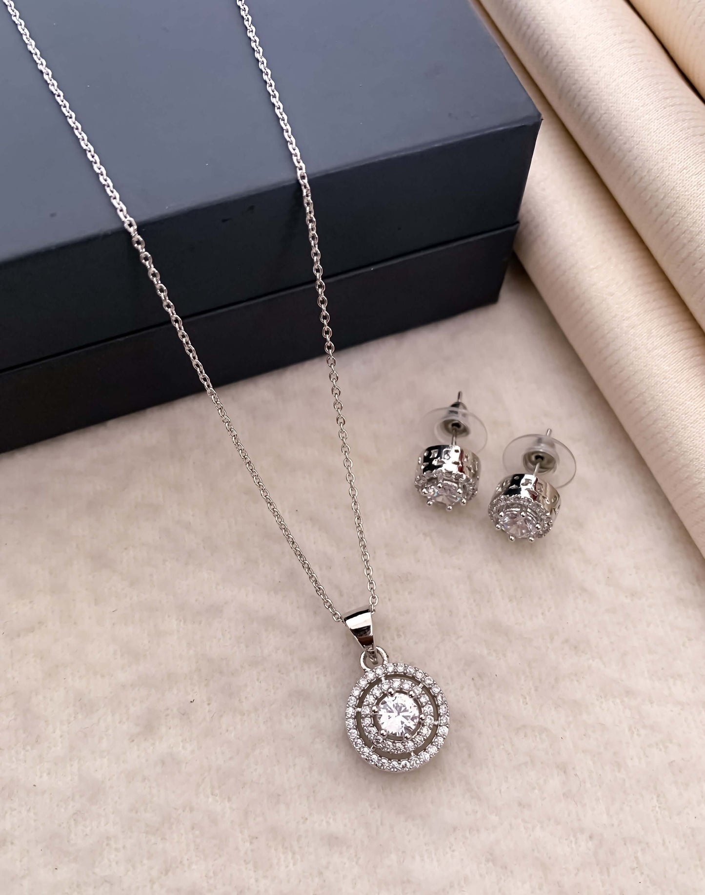 Three circle layer American diamond pendant set in White