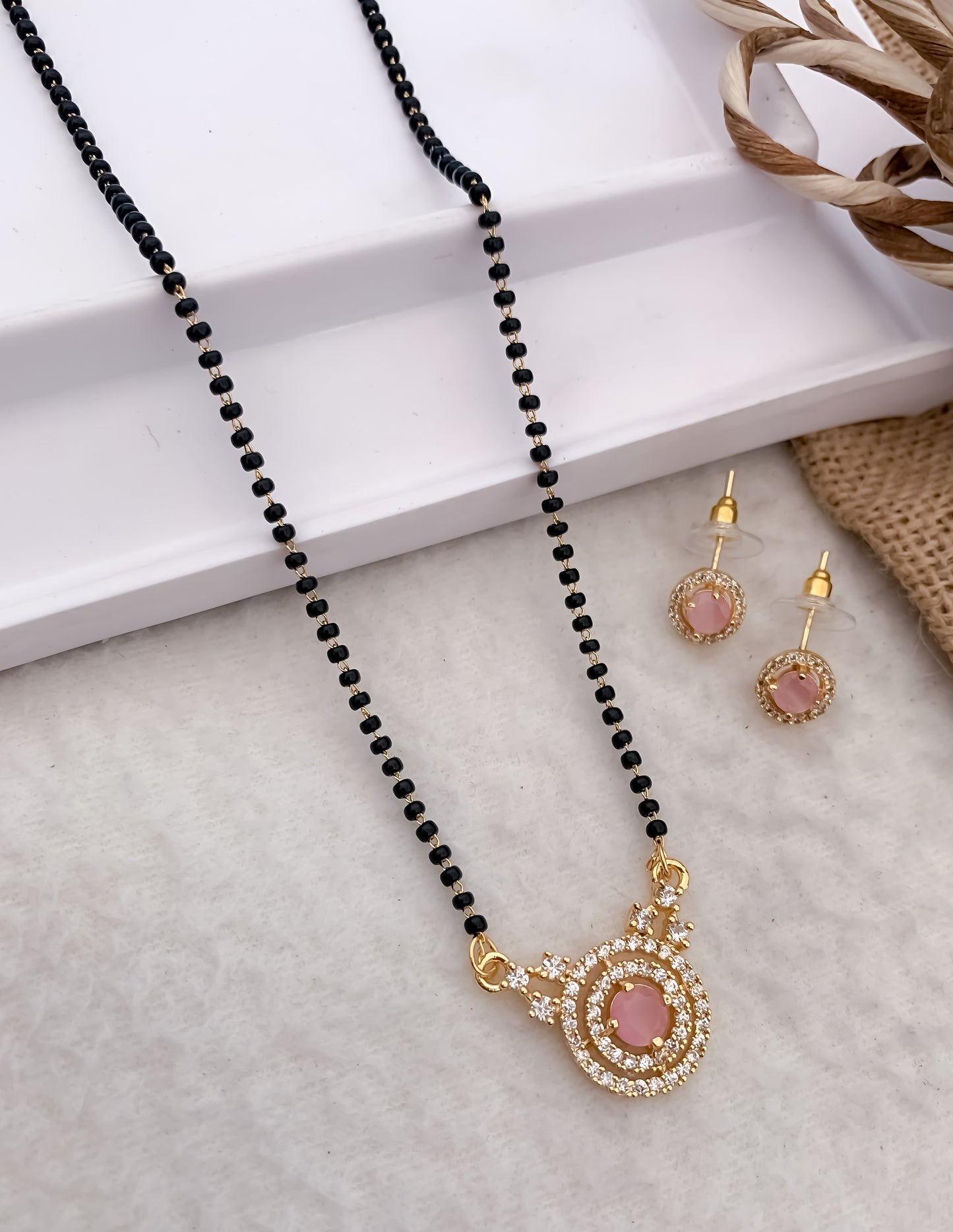 American Diamond Rose Gold Silver And Golden Plated All Colour Fancy 18” Delicate Mangalsutra With Earring Belleza Jewels