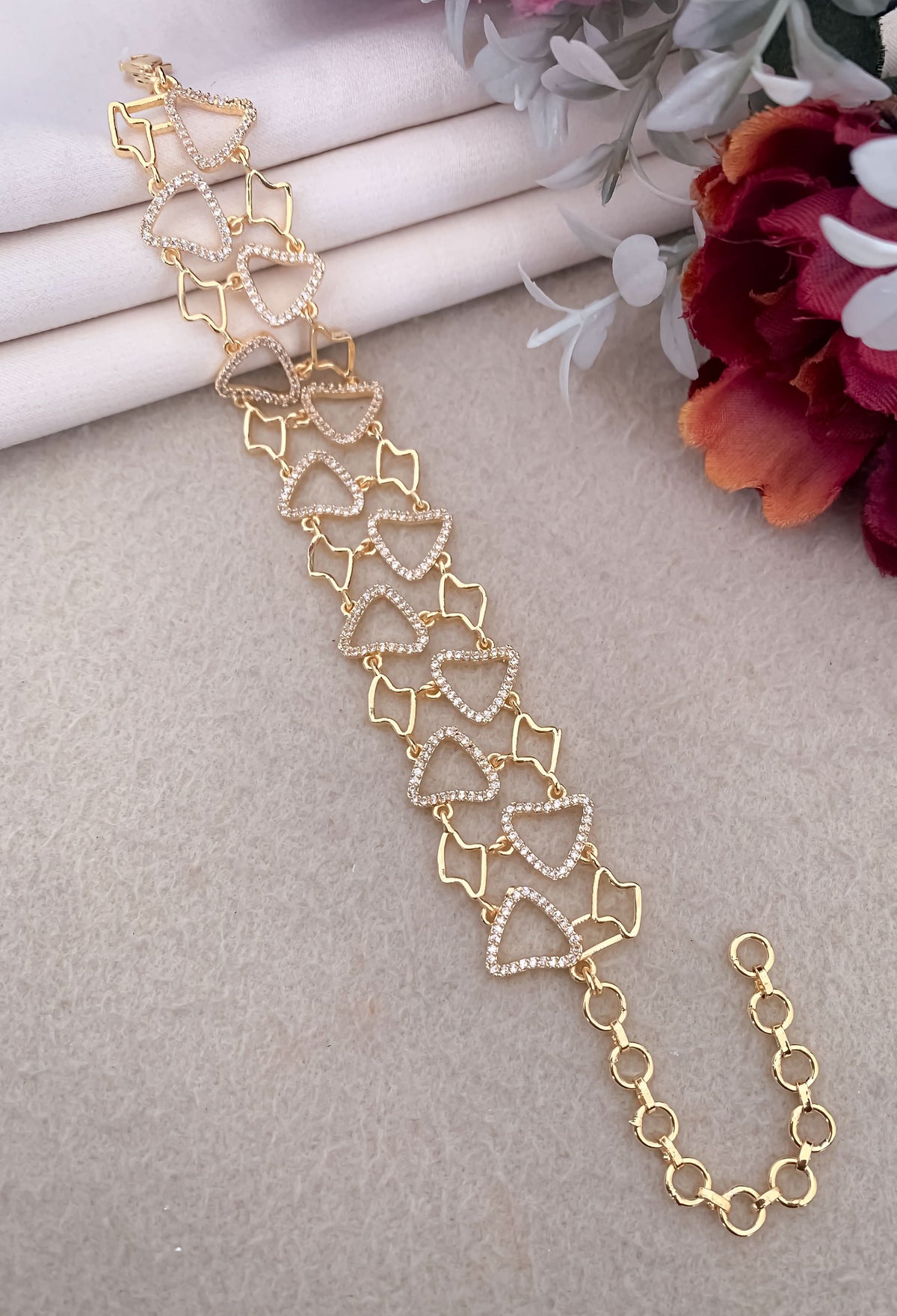 American Diamond Golden And Rose Gold Heart Bracelet - Bracelet - Belleza Jewels