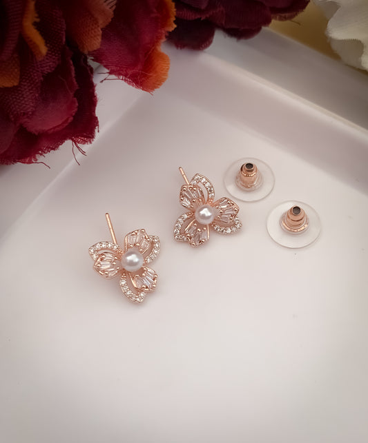 American Diamond Flower Impoted Rose Gold Earrings Tops - Belleza Jewels