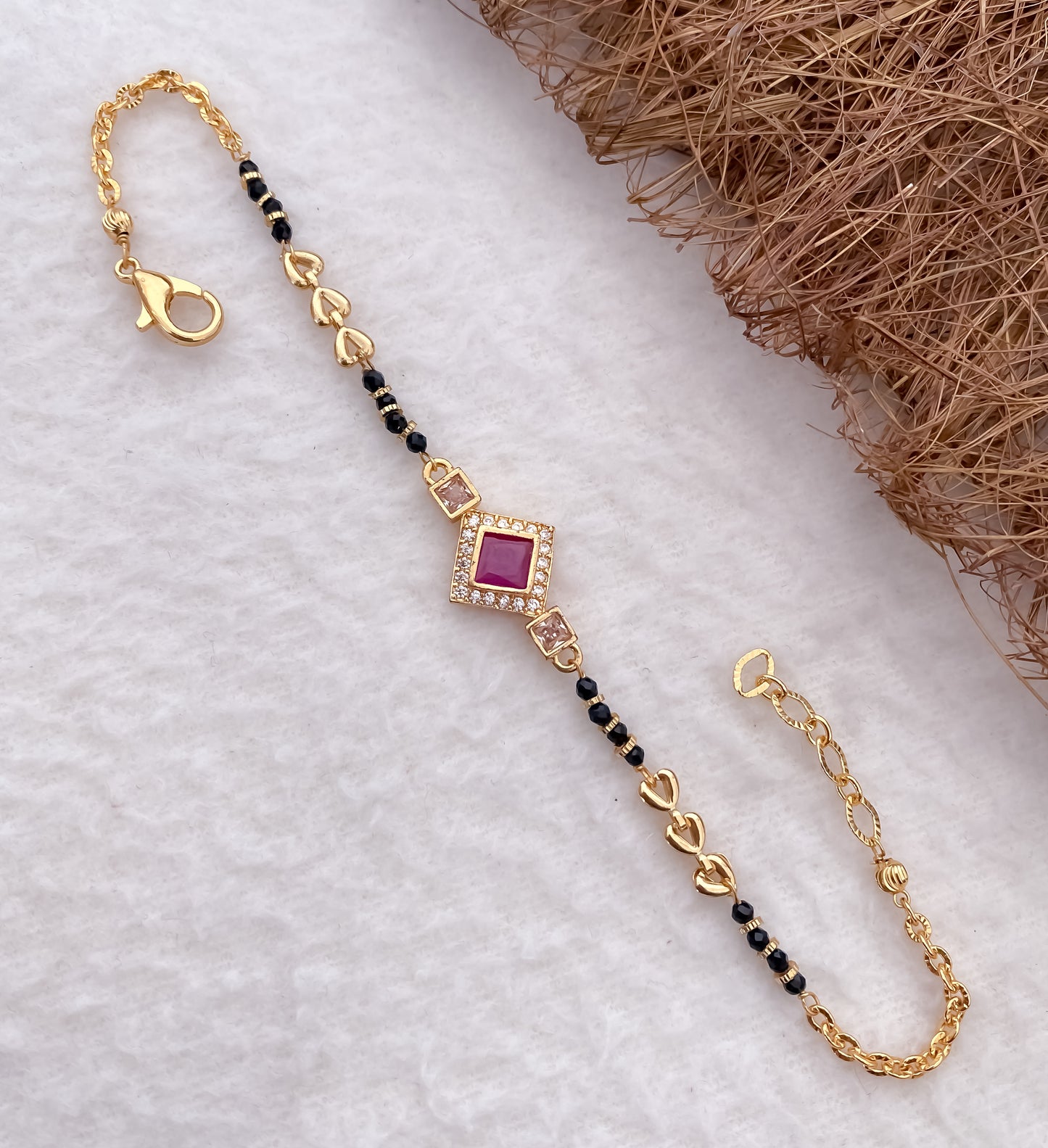 American Diamond Ruby High Gold Plated Delicate Hand Mangalsutra - Belleza Jewels