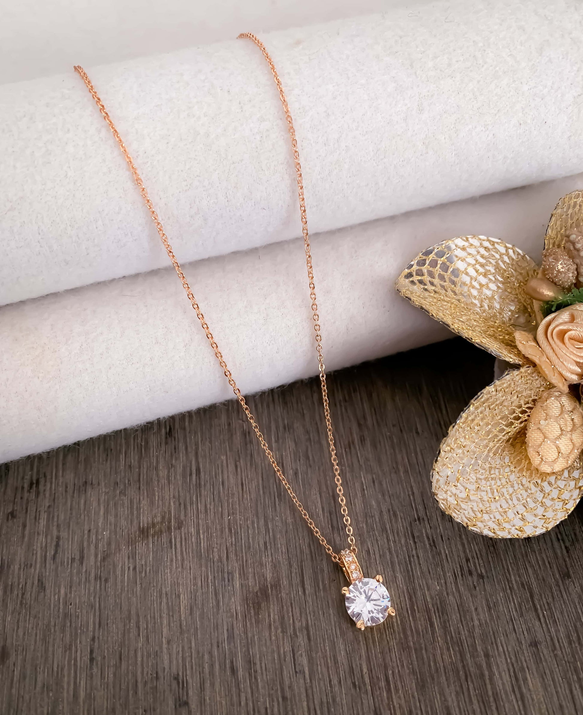 American Diamond Rose Gold Round Single Stone multiple Colour Delicate Chain Pendant - Chain Pendal - Belleza Jewels