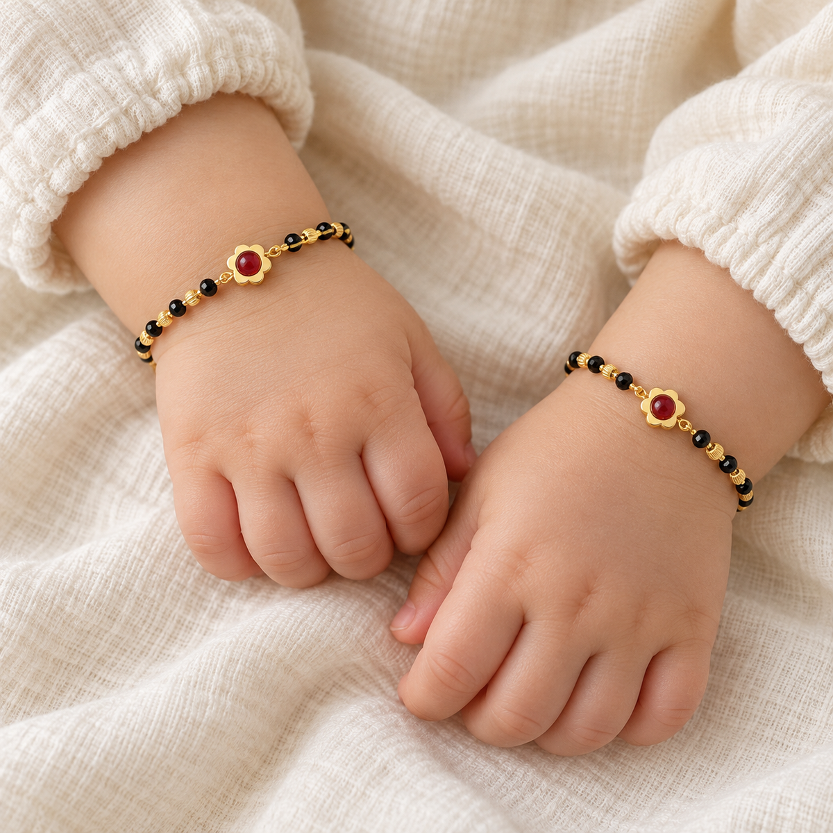 Fancy Black Beads with Red Stone Flower Kids Size Najariya Bracelet