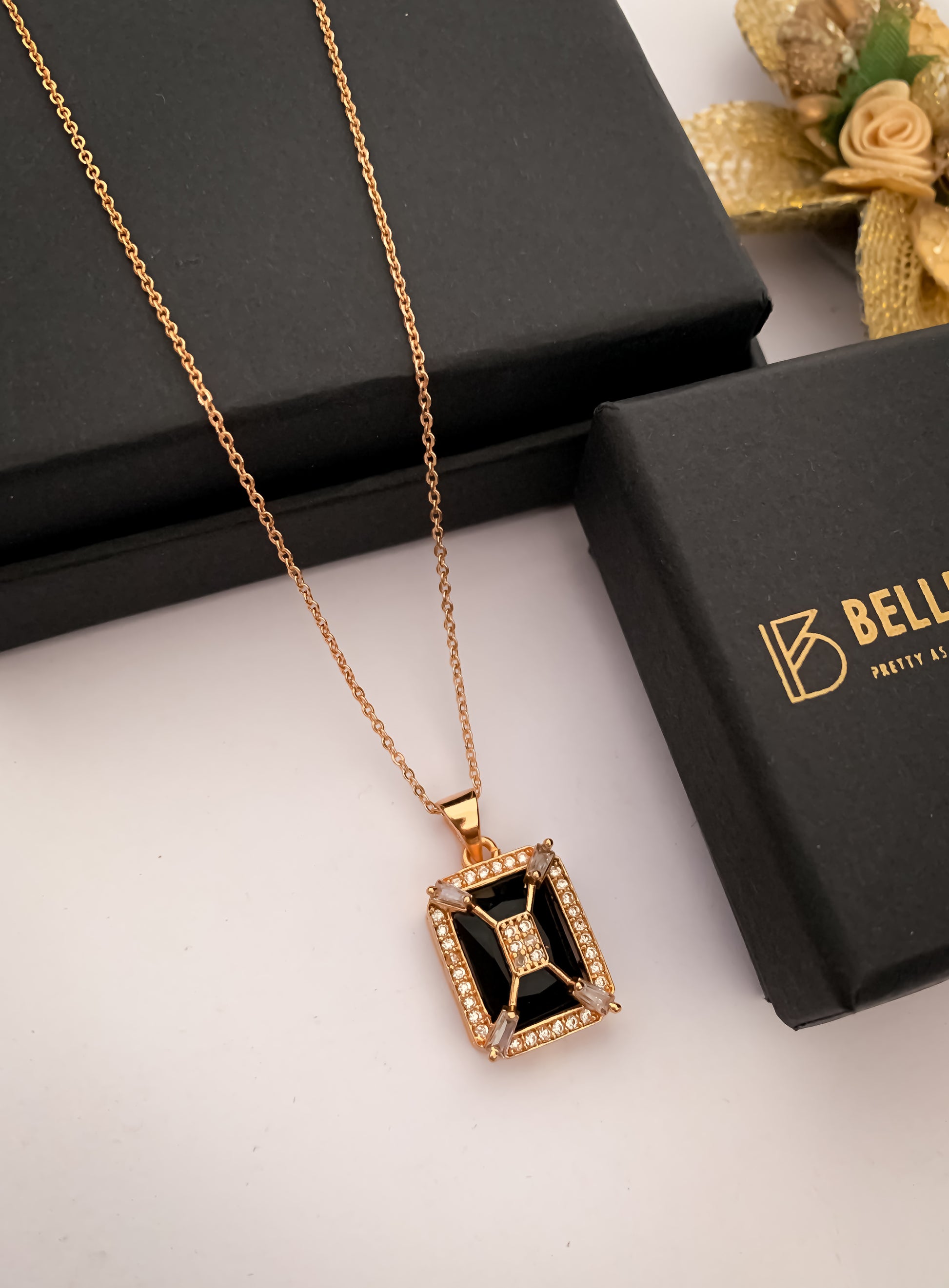American Diamond square Rose Gold chain Pendant Necklace - Chain Pendal - Belleza Jewels