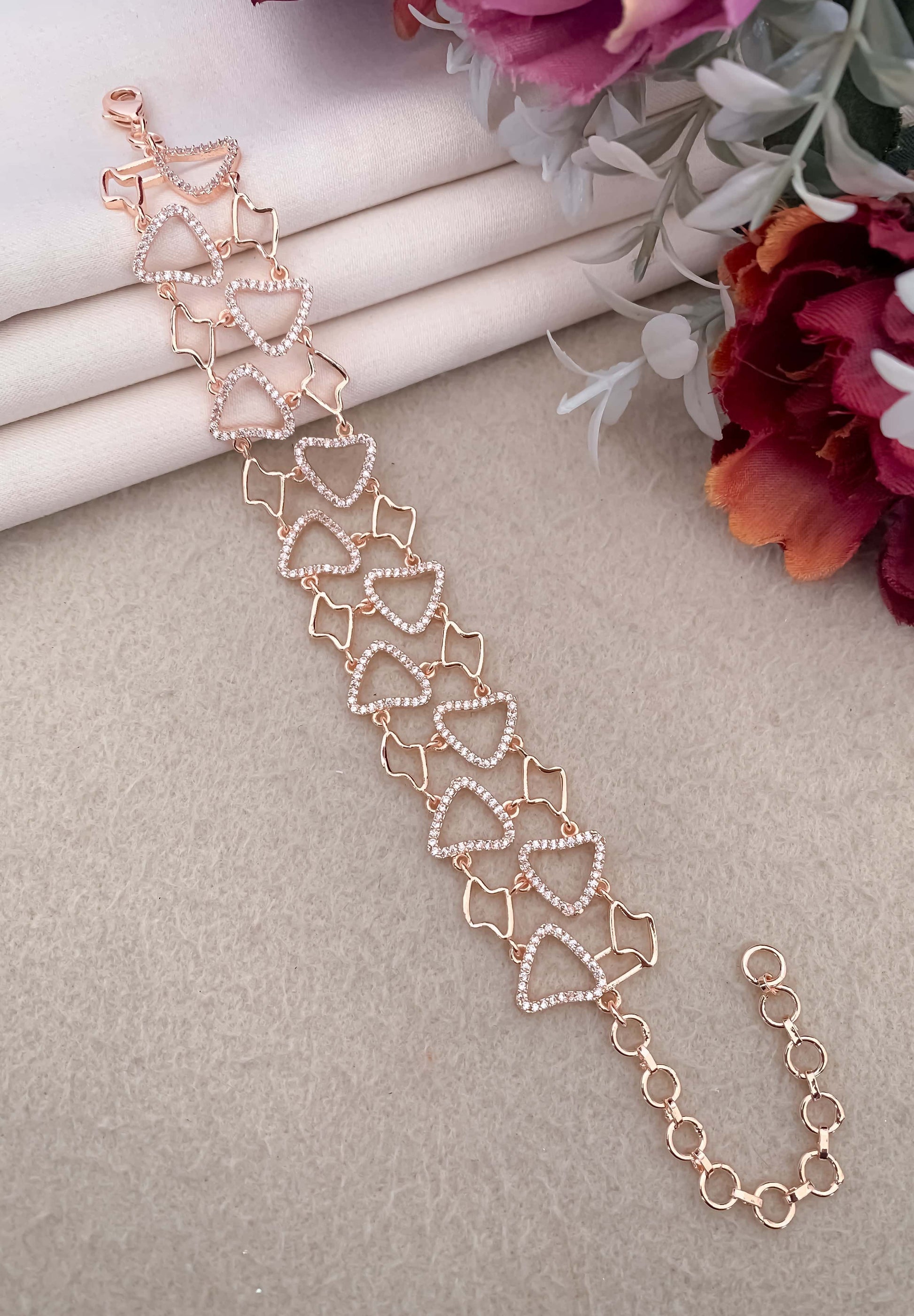 American Diamond Golden And Rose Gold Heart Bracelet - Bracelet - Belleza Jewels