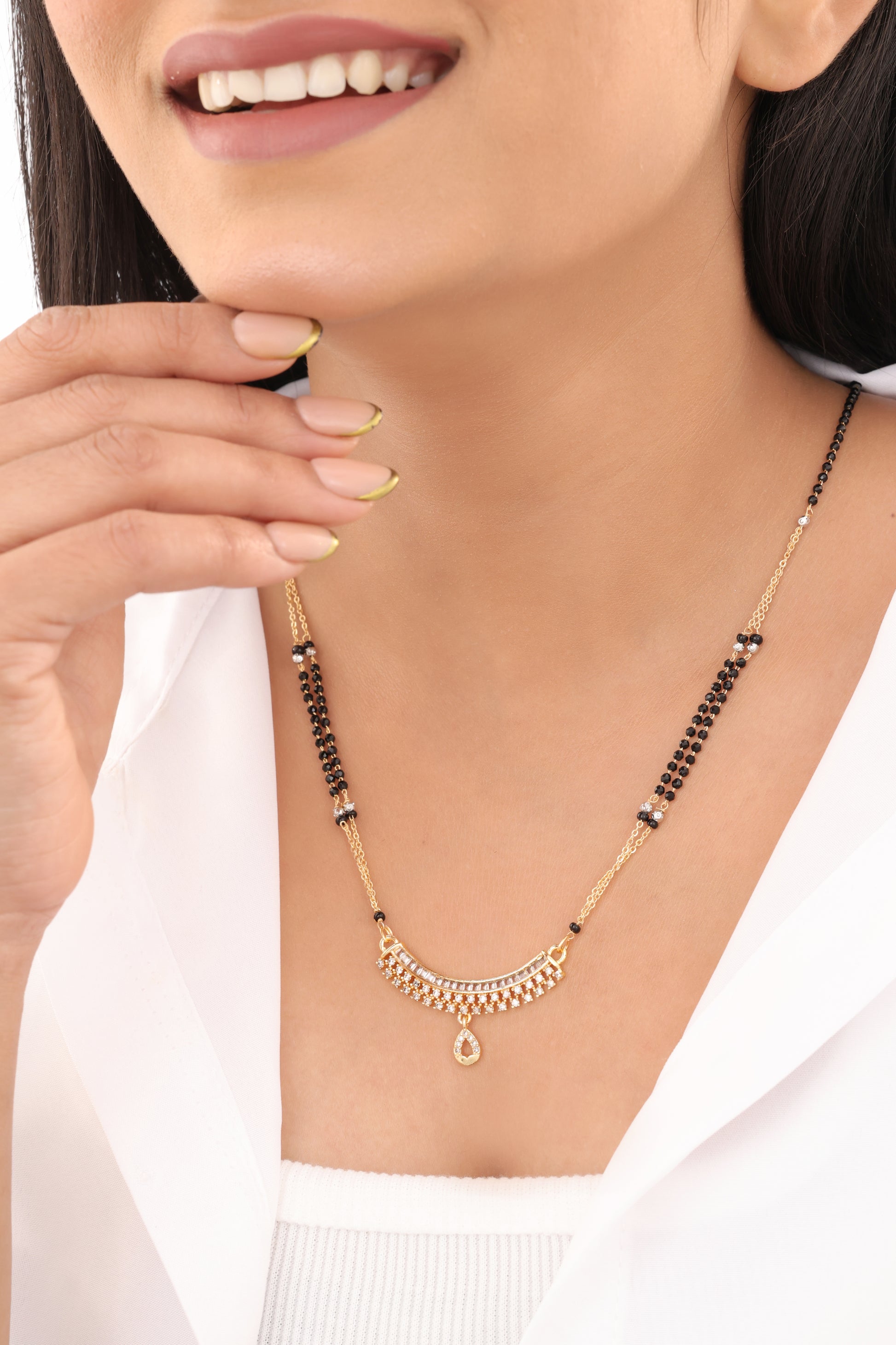 Buy 1 Get 1 Free -  Golden Arc Drop Mangalsutra (Curved AD Pendant with Black Beads Chain) - Mangalsutra - Belleza Jewels