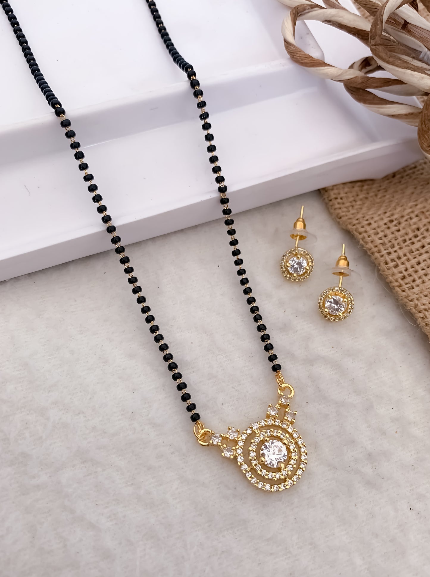 American Diamond Rose Gold Silver And Golden Plated All Colour Fancy 18” Delicate Mangalsutra With Earring Belleza Jewels