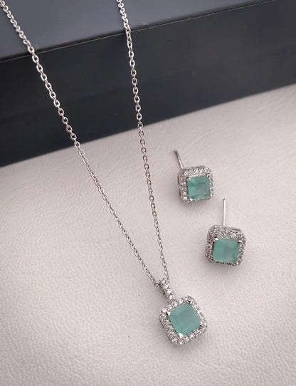 American Diamond Square All Colour Silver Plated Delicate Pendant Set - Pendant Set - Belleza Jewels