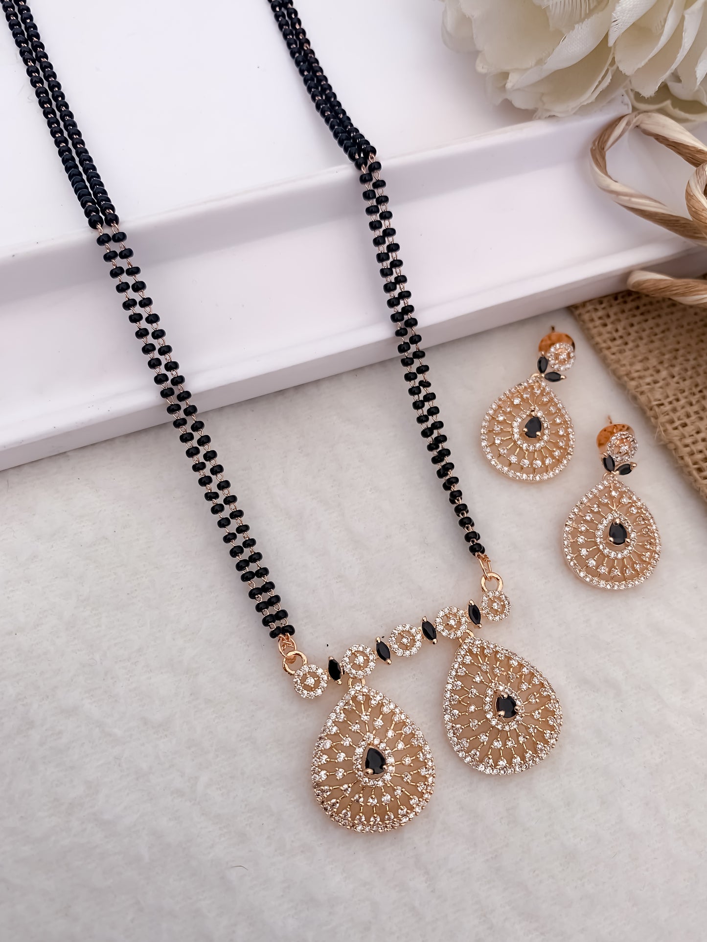 American Diamond Rose Gold And Silver Pleted Black White Ruby Colour Stone Fancy Mala Mangalsutra Belleza Jewels