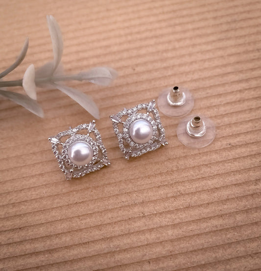 American Diamond Rose Gold And Silver White Pearl square Shape Earring Tops - Belleza Jewels