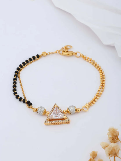 Gold-Tone Black Beaded Triangle Crystal Hand Mangalsutra