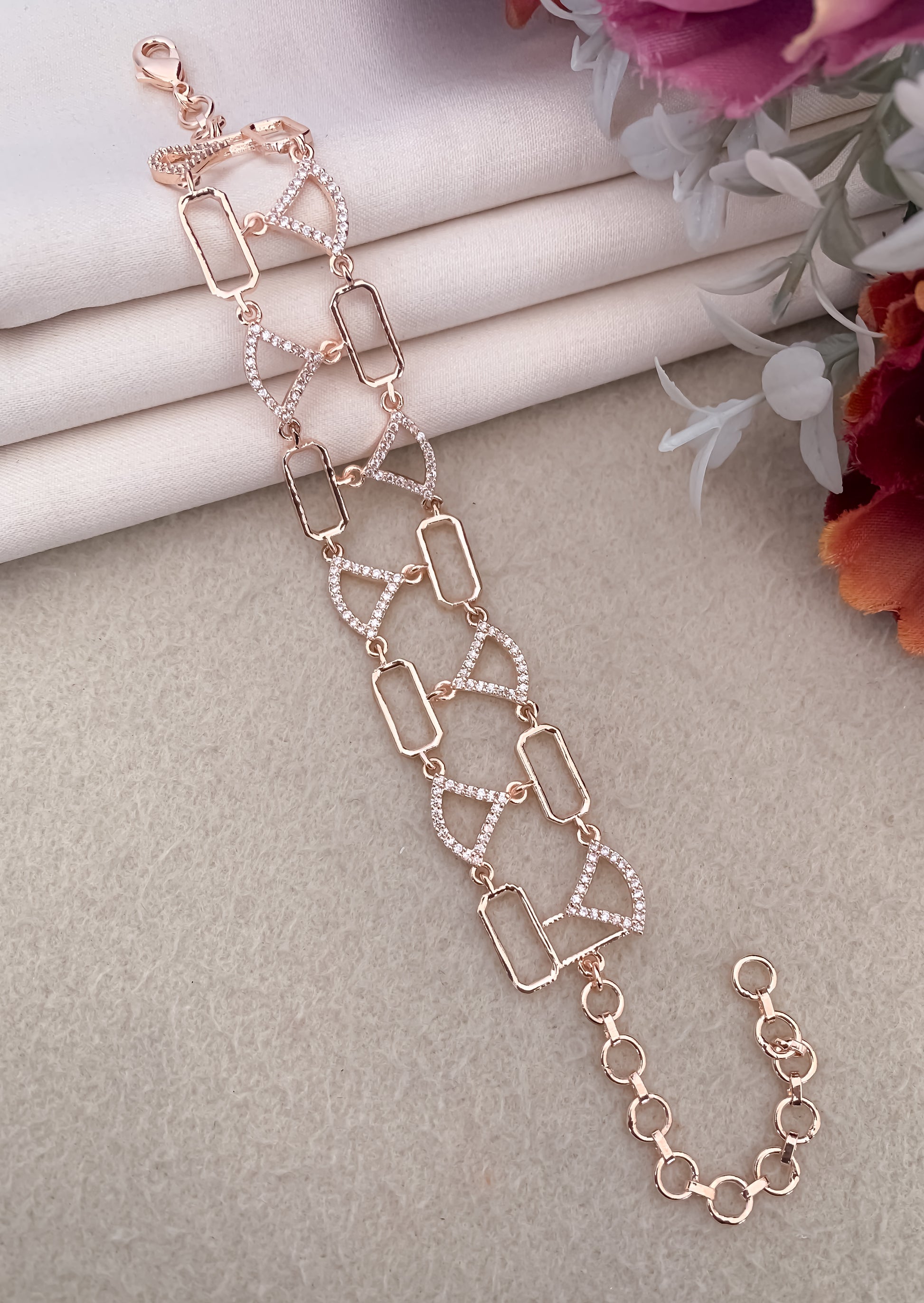 American Diamond Rose Gold Silver And Gold Plated Fancy Bracelet - Bracelet - Belleza Jewels