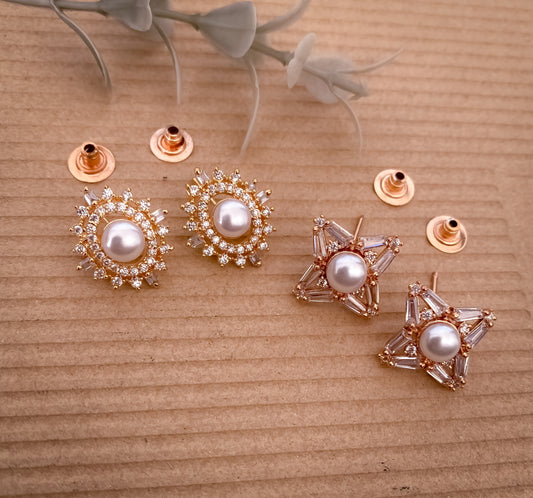 Combo Rose Gold American Diamond White Pearl Earrings - Belleza Jewels