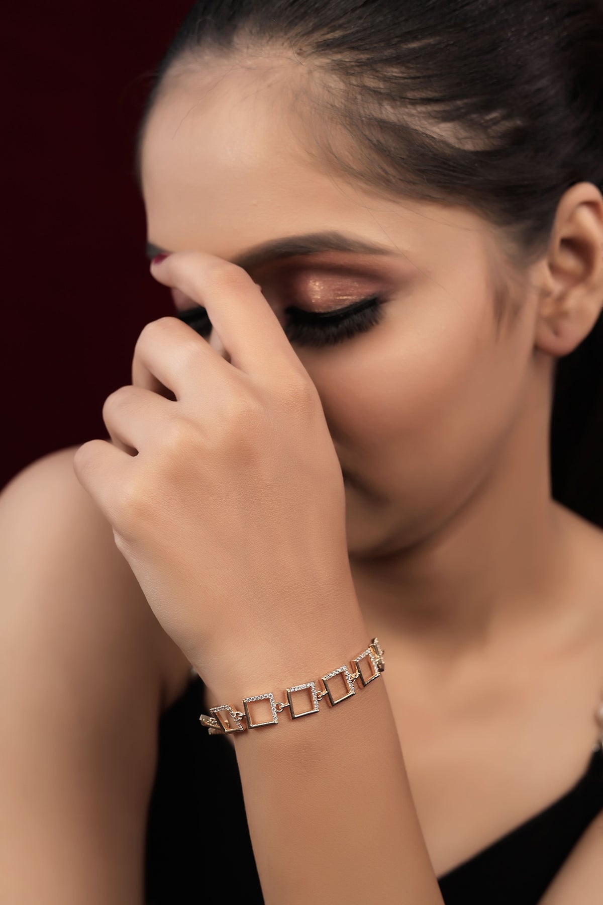 American Diamond Rose Gold Silver And Gold Plated Fancy Square Bracelet - Bracelet - Belleza Jewels