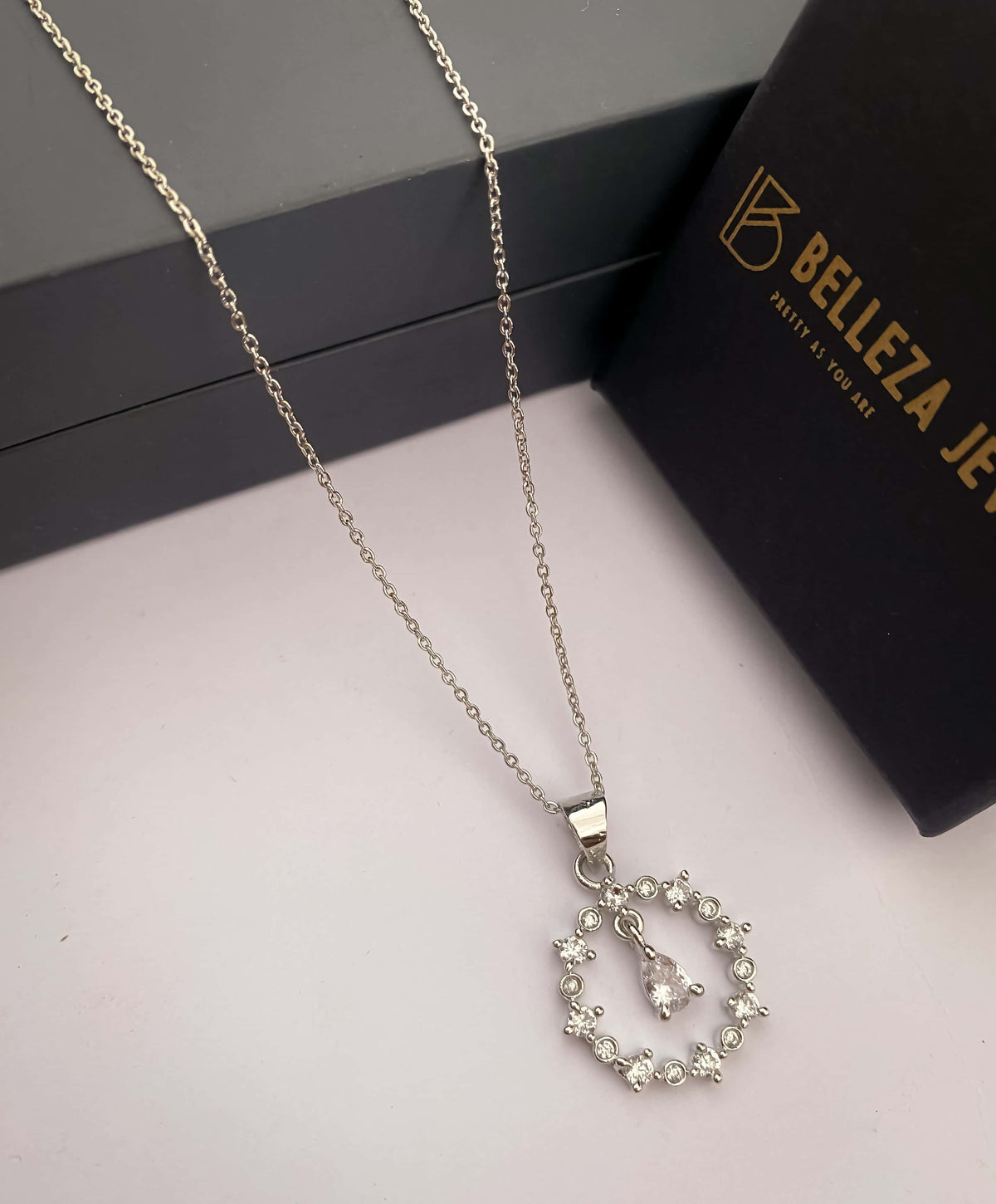 American Diamond Silver Plated Fancy Delicate Chain Pendent Necklace - Chain Pendal - Belleza Jewels