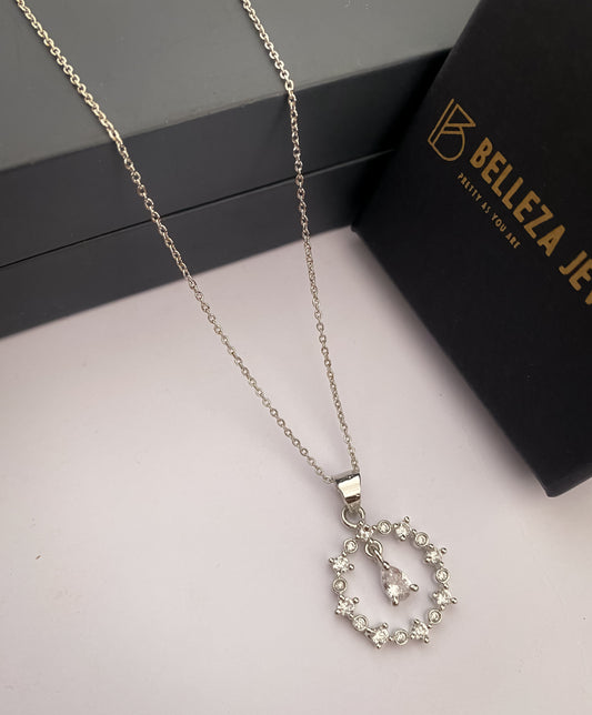 American Diamond Silver Plated Fancy Delicate Chain Pendent Necklace