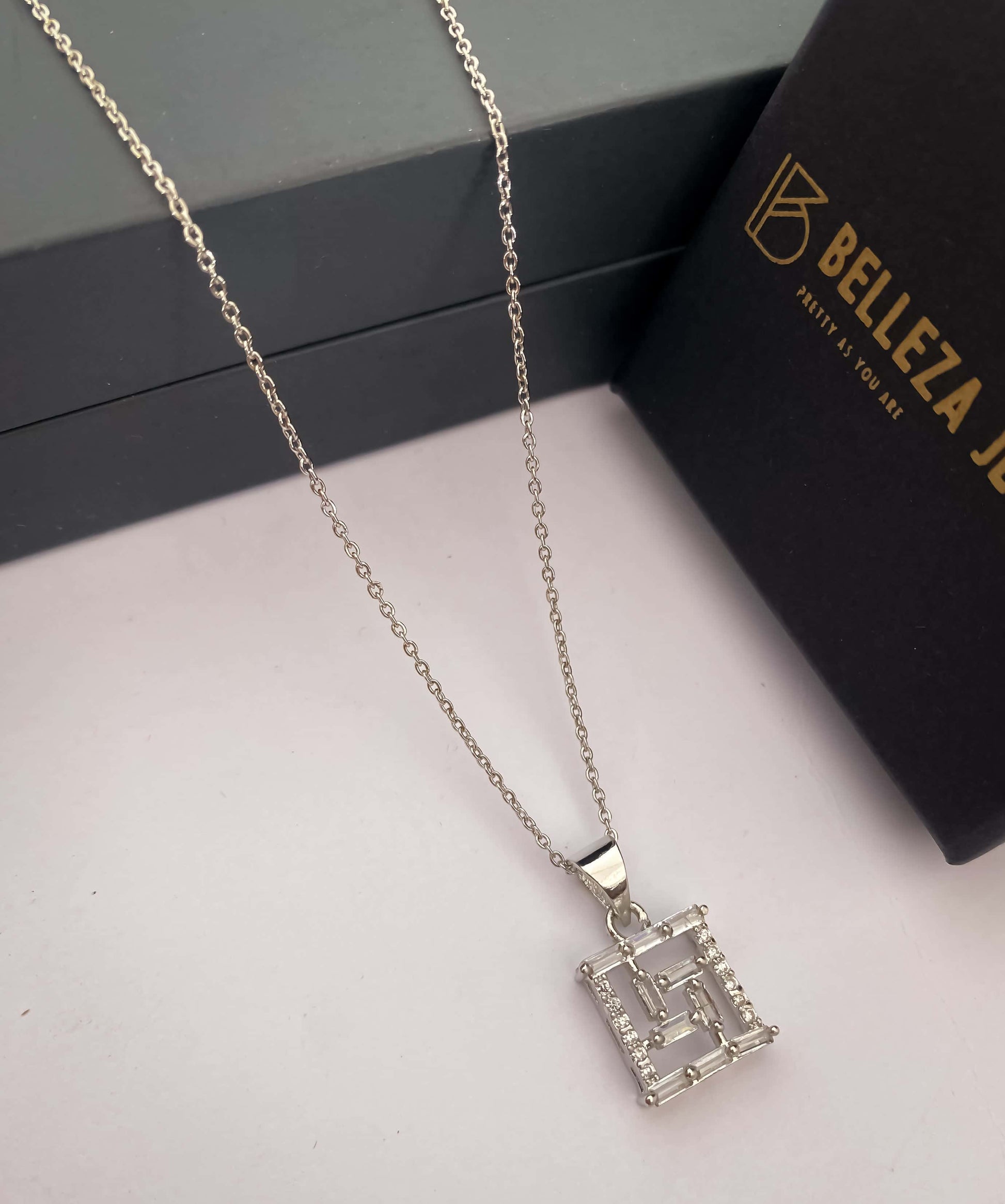 American Diamond Silver Plated Fancy Delicate Chain Pendent Necklace - Chain Pendal - Belleza Jewels