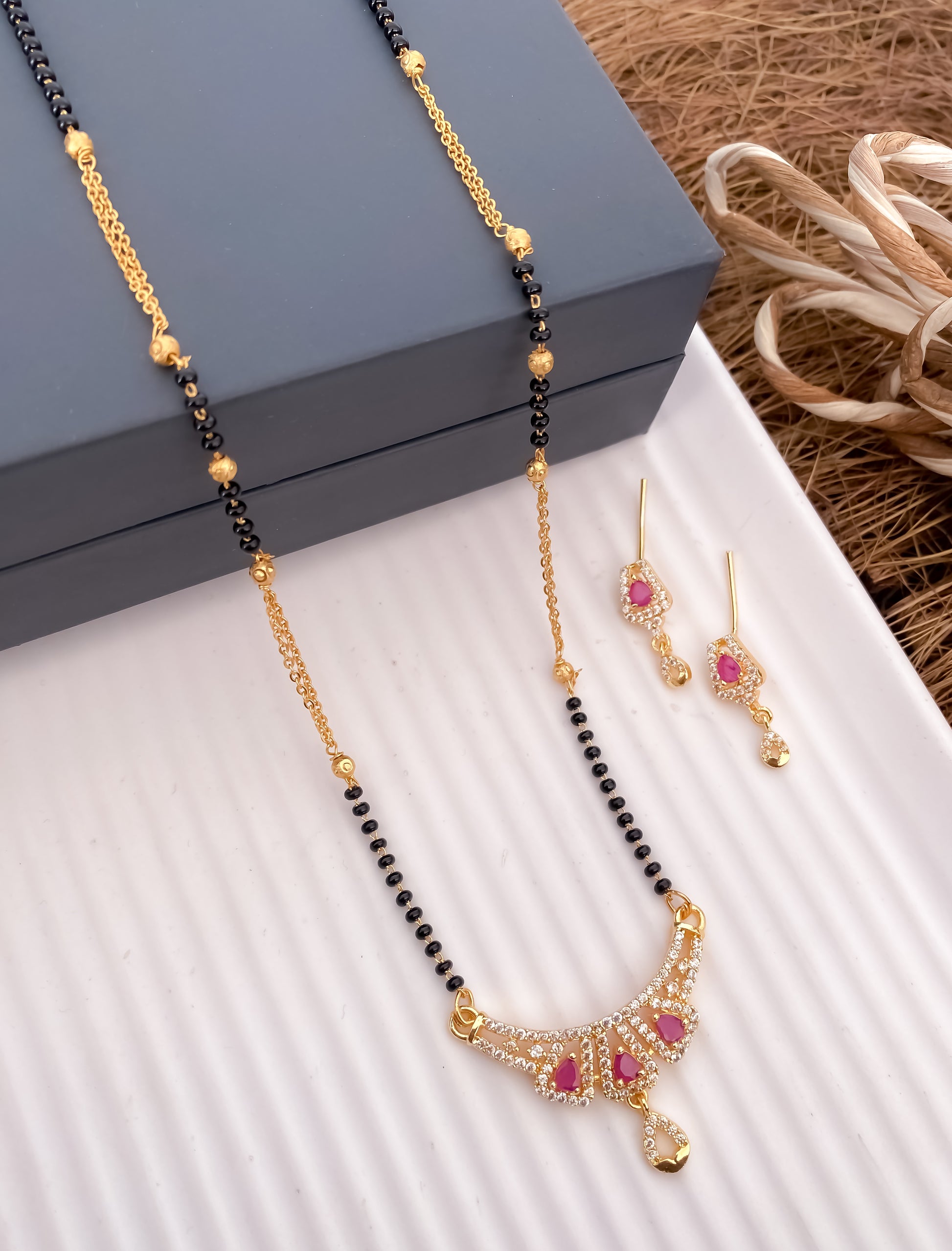 American Diamond Rose Gold Silver And Gol Pleted white n Ruby colour Diamond Stone Fancy Mangalsutra Length 18” Belleza Jewels