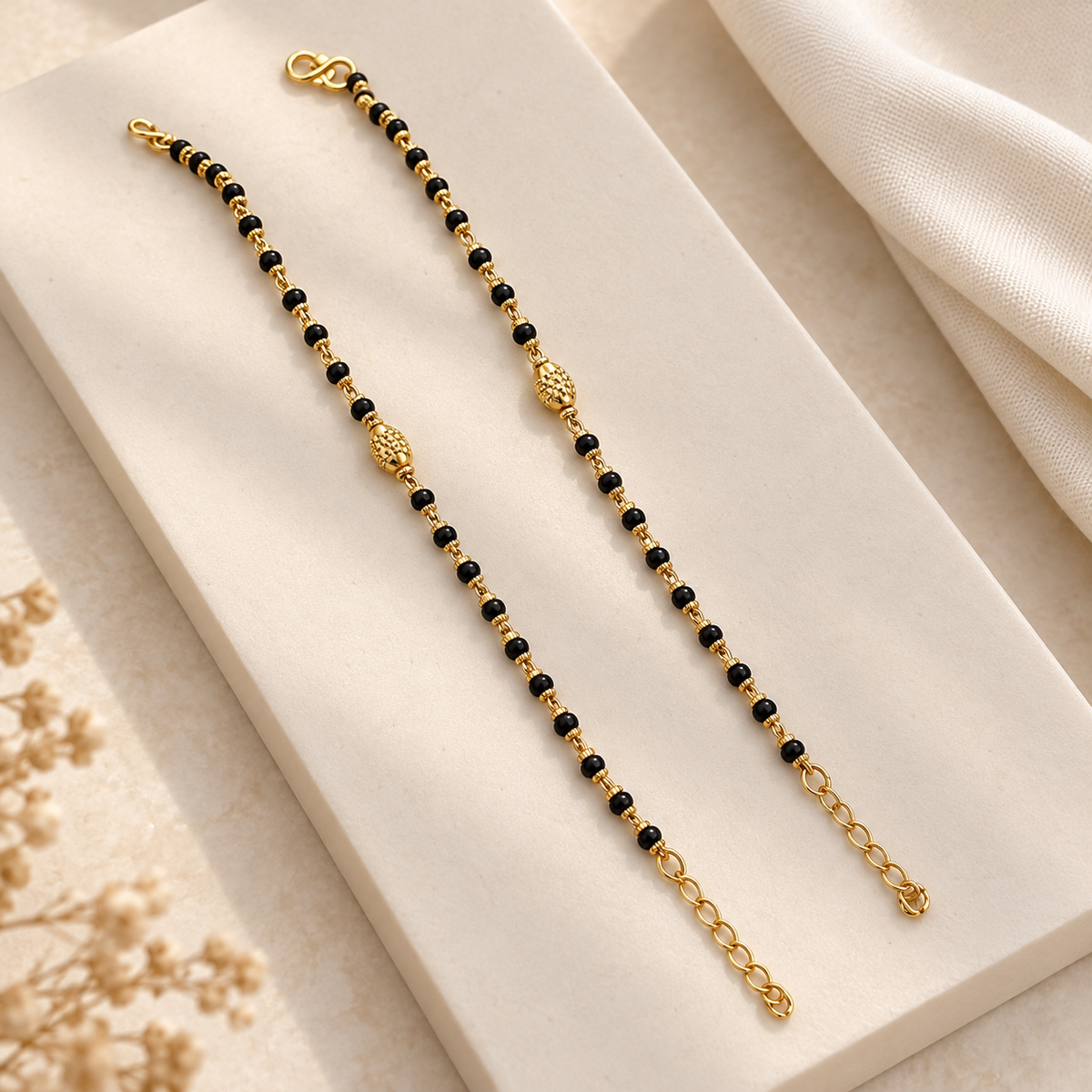 Fancy Black Beads with Textured Gold Ball Design Najariya Bracelet