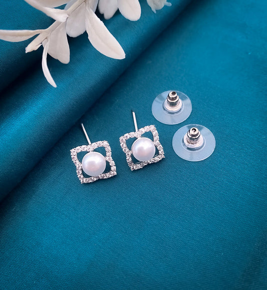 Delicate American Diamond square shape White Pearl tops Earring Rose Gold And Silver Plated - Belleza Jewels