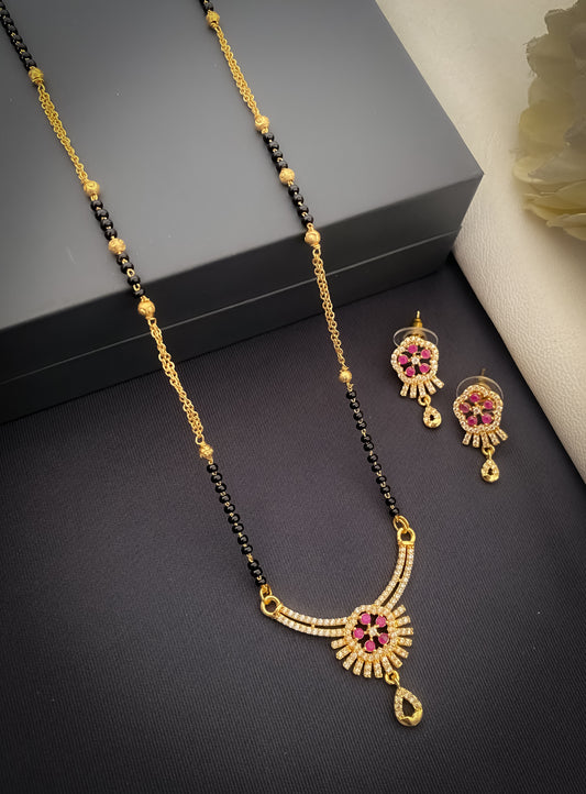 American Diamond High Gold Plated Ruby colour Fancy Mangalsutra - Belleza Jewels