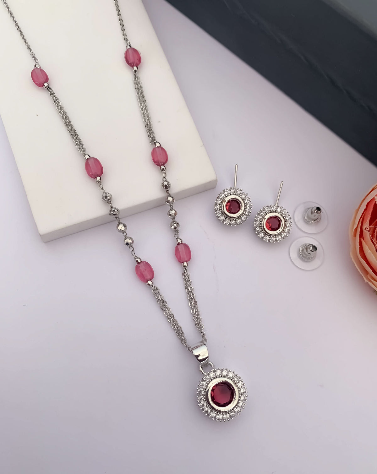 American Diamond Silver Pleted Fancy ColourFull Pendant Set - Pendant Set - Belleza Jewels