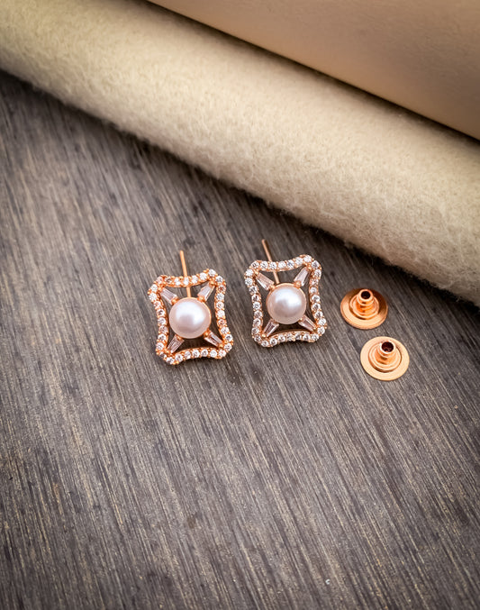 American Diamond Rose Gold And Silver Pearl Tops Earrings