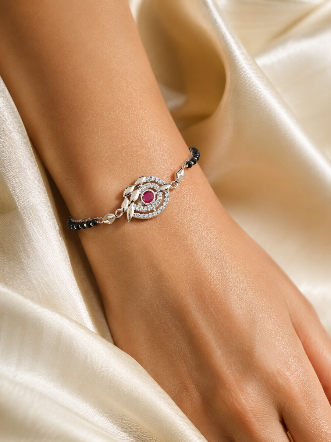 American Diamond Silver Ruby Fancy Delicate Hand Mangalsutra