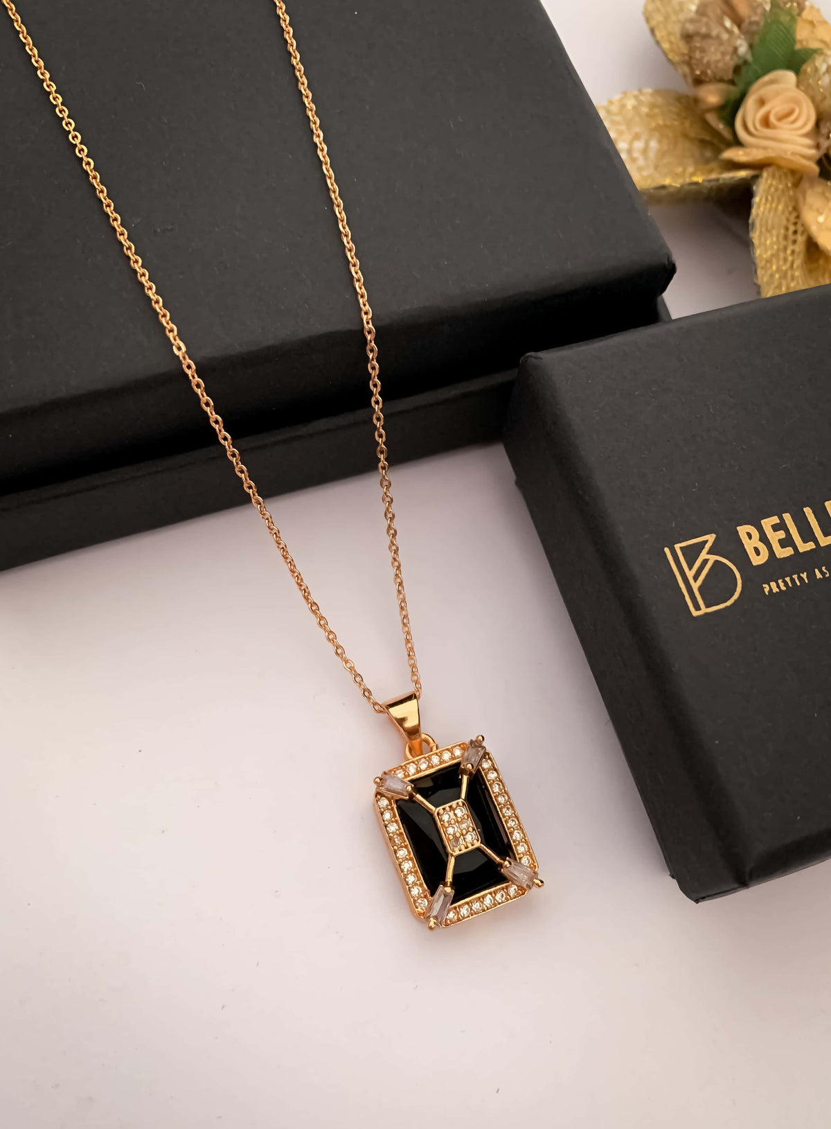 American Diamond Square Multiple Colour Rose Gold Fancy Chain Pendant Necklace - Chain Pendal - Belleza Jewels