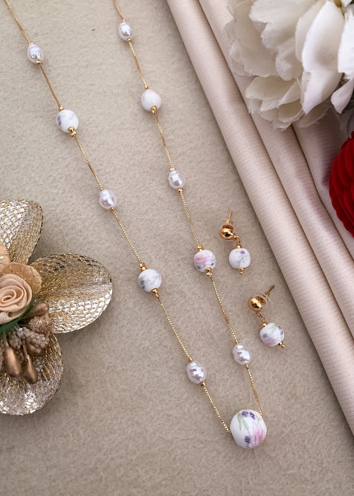 Fancy High Gold Printed Pearl with Earring Western Mala Set - Western Mala Set - Belleza Jewels