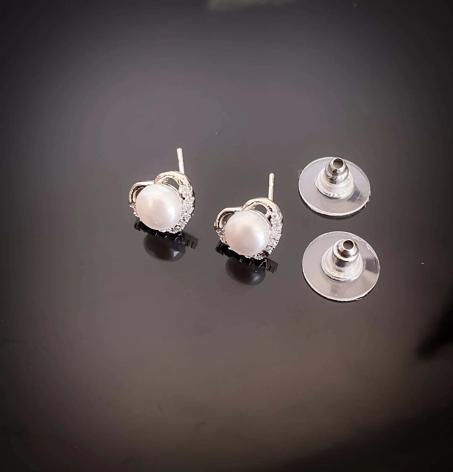 BUY 1 GET 1 FREE -American Diamond Heart Shape Rose Gold And Silver white Pearl Delicate Earrings Tops - Tops - Belleza Jewels