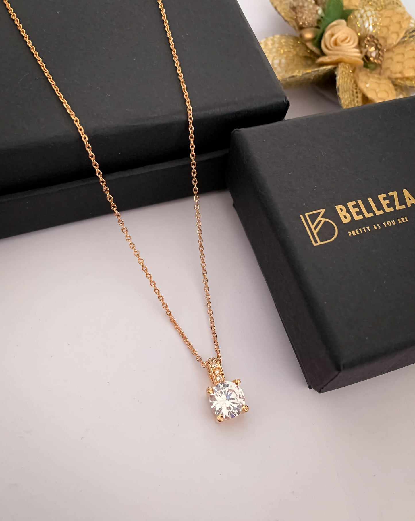 American Diamond Rose Gold Round Single Stone multiple Colour Delicate Chain Pendant - Chain Pendal - Belleza Jewels