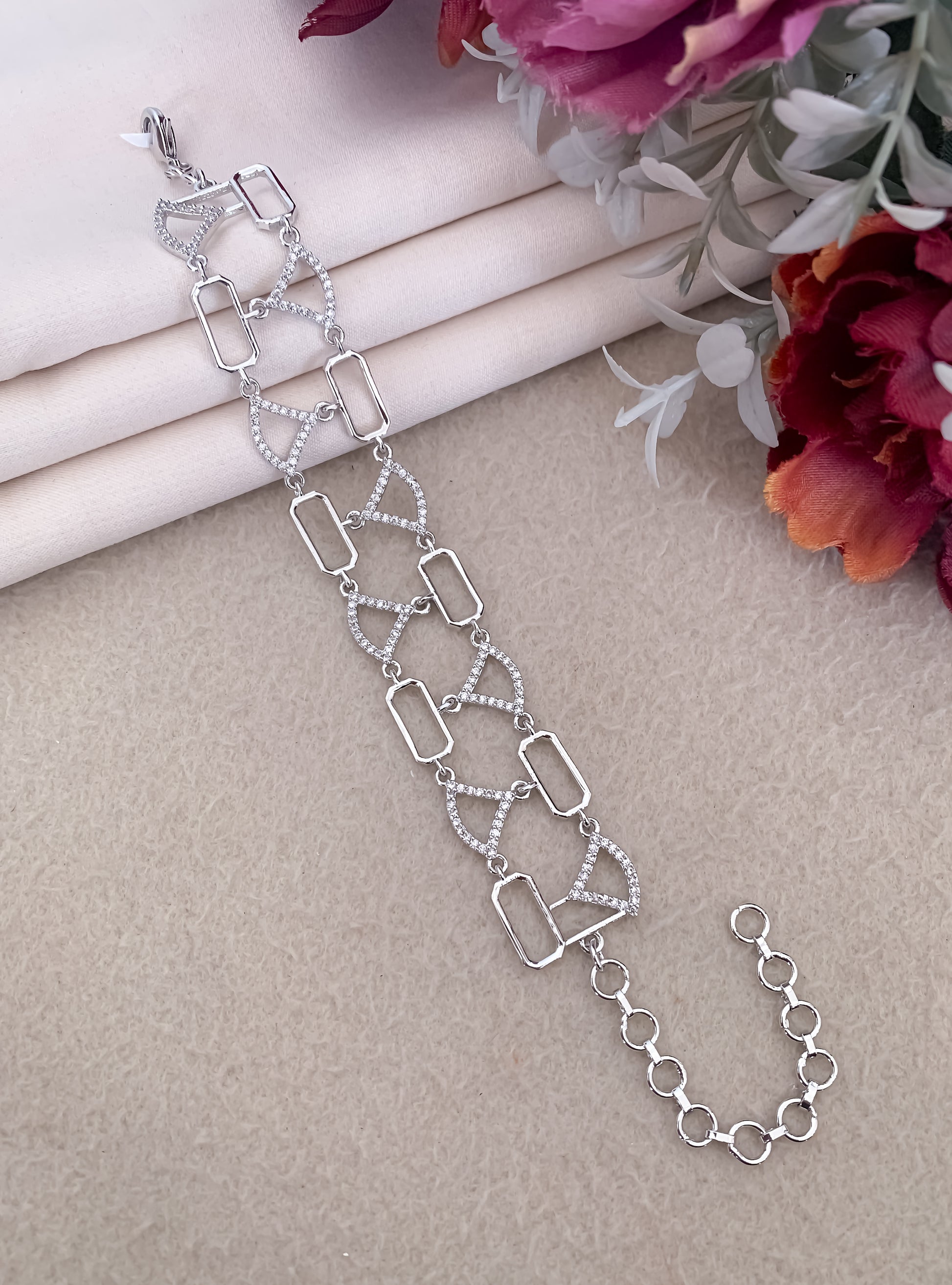 American Diamond Rose Gold Silver And Gold Plated Fancy Bracelet - Bracelet - Belleza Jewels