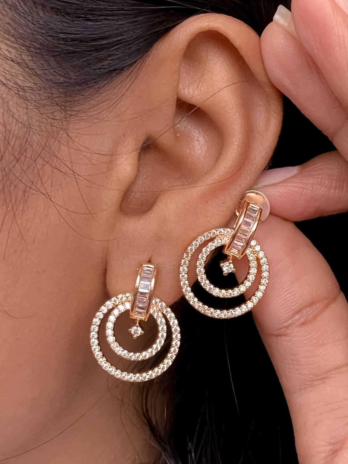 BUY 1 GET 1 FREE -American Diamond Rose Gold Fancy Earrings - Earrings - Belleza Jewels