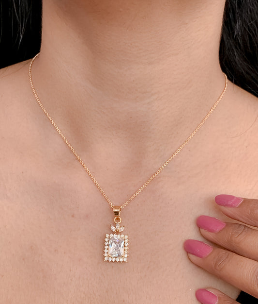 American Diamond Square White Stone Rose Gold And Silver Plated Delicate Chain Pendant - Belleza Jewels