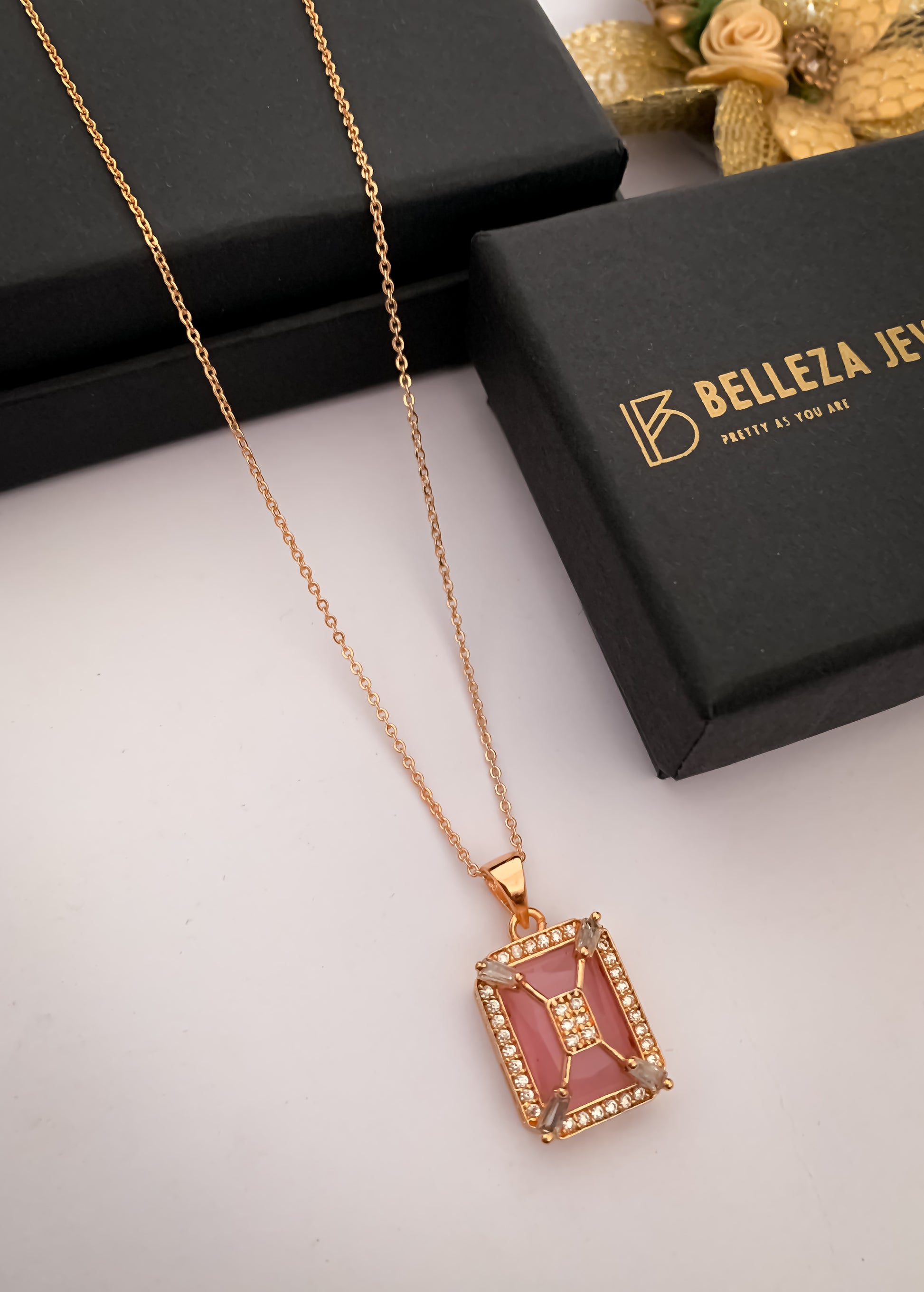 American Diamond square Rose Gold chain Pendant Necklace - Chain Pendal - Belleza Jewels