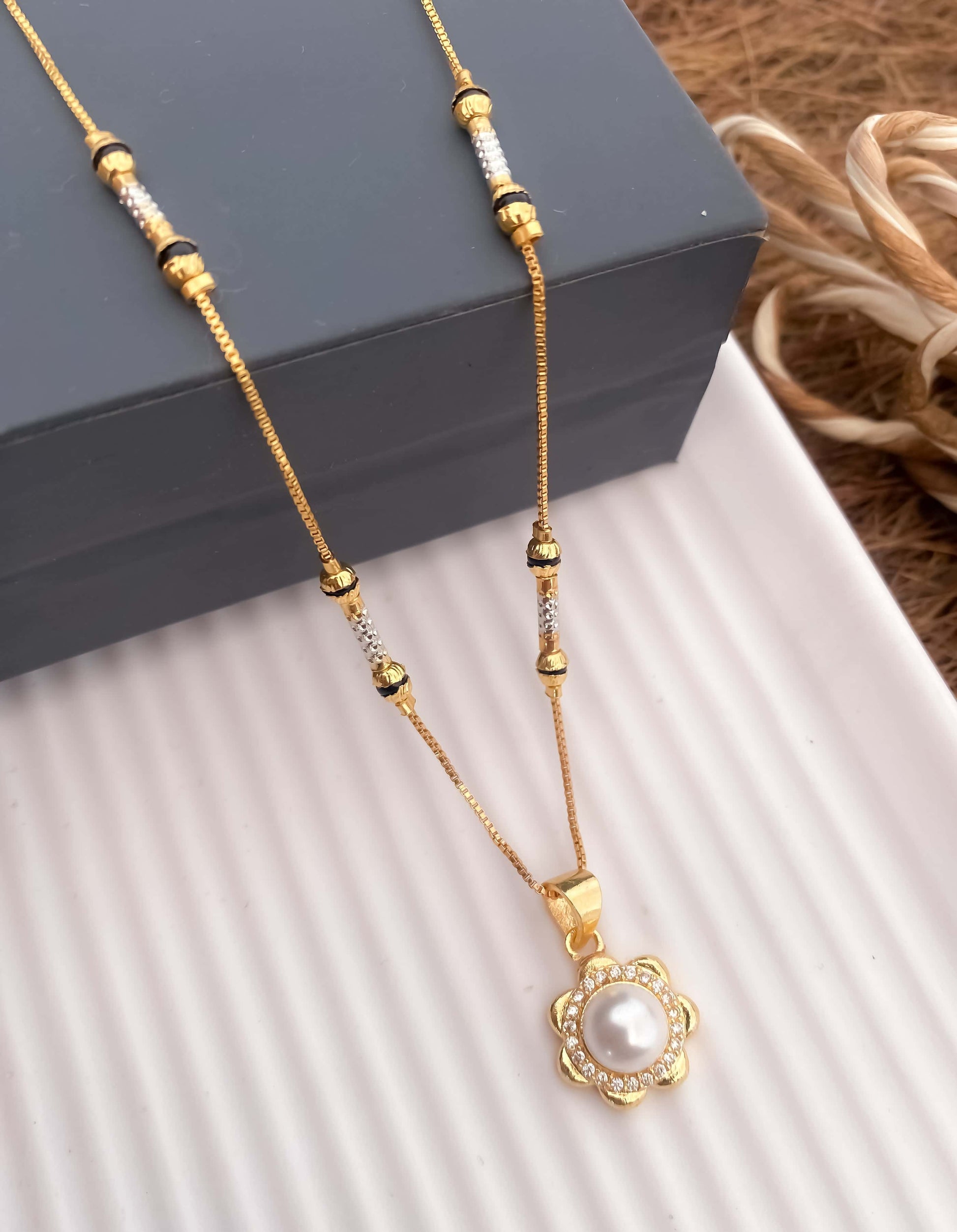 American Diamond With White Pearl Flover High Gold Chain Pendant - Chain Pendal - Belleza Jewels